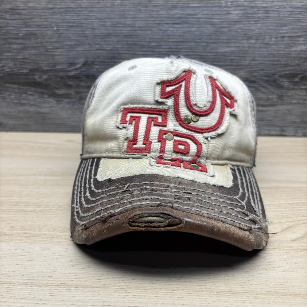 True Religion Hat Cap Strap Back Distressed Leather Brim Western Mens